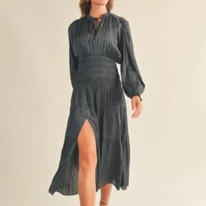 NWT Reset By Jane Claudia Navy Midi Smocked Dress Medium